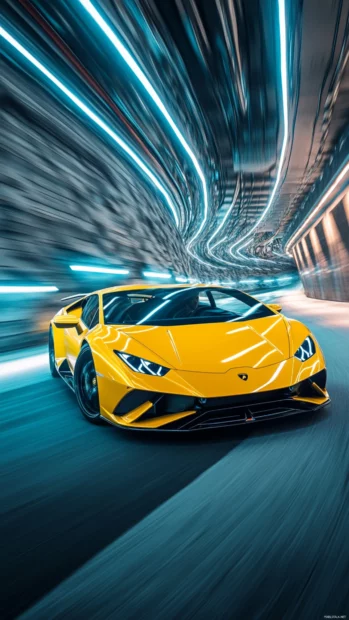 Vertical Lamborghini racing through a neon tunnel with a motion trail behind it.