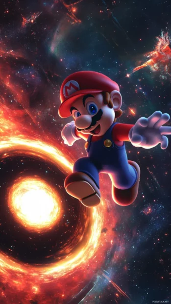 Vertical Mario Galaxy Wallpaper of Mario zooming past a glowing black hole in deep space.