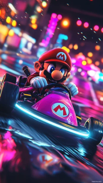 Vertical Mario Kart Wallpaper featuring Wario drifting through a nighttime neon course.