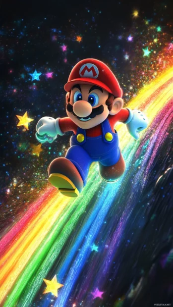 Vertical Mario Star Wallpaper of Mario racing alongside stars on a glowing rainbow trail.