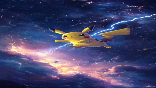 Vertical Pikachu Wallpaper where Pikachu rides a lightning bolt through a nighttime sky.