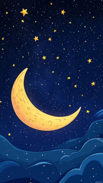 Vertical cartoon animation of stars bouncing on a crescent moon.