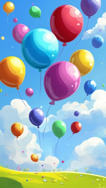 Vertical cartoon balloons swaying in the breeze on a sunny day.