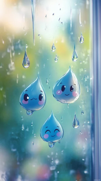 Vertical cartoon raindrops sliding down a window with cute faces.
