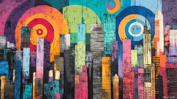 Vertical cityscape mural made from multicolored tag spirals.