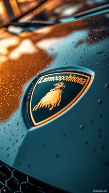 Vertical close up of Lamborghini logo reflecting sky gradients.