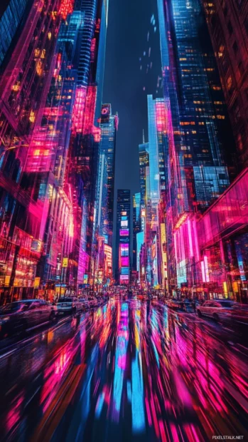 Vertical corridor of shifting neon memories.