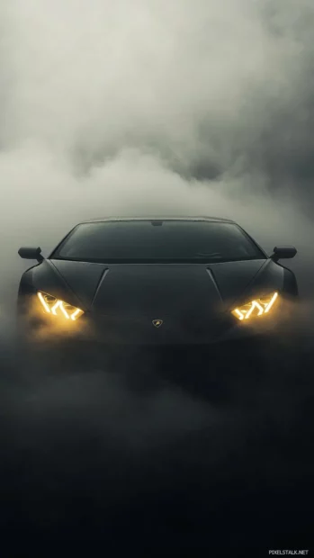 Vertical image of black Lamborghini headlights emerging through thick mist.