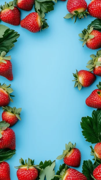 Vertical layout of strawberries and leaves creating a border on a soft light blue background, minimalistic style.