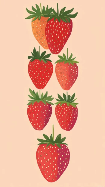 Vertical layout of strawberries and leaves forming a border on a pastel light blue background, aesthetic and simple.