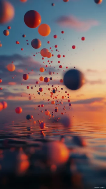 Vertical motion wallpaper of balloons rising into a sunrise sky.