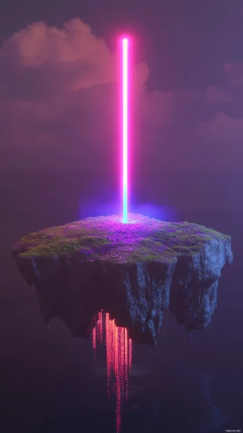 Vertical neon beam rising from floating island.