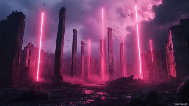 Vertical neon beams tearing across ruined city.