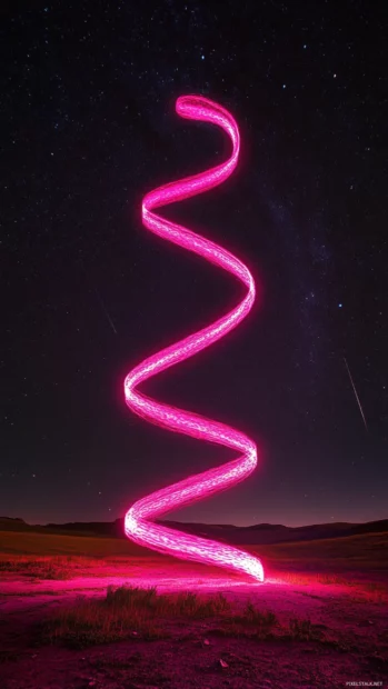 Vertical pink neon ribbon twisting through night sky.