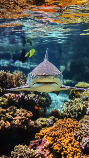 Vertical portrait of shark reflecting coral reef colors.