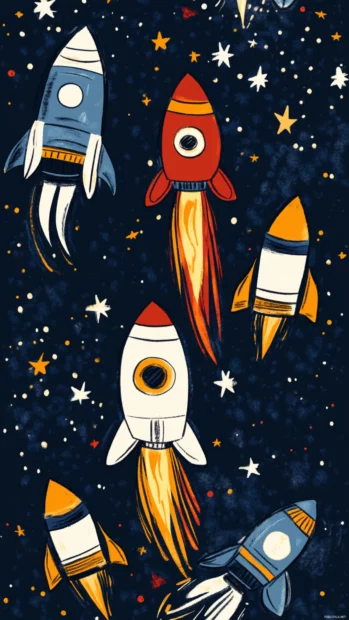 Vertical scene of cartoon rockets blasting off into a starry sky.