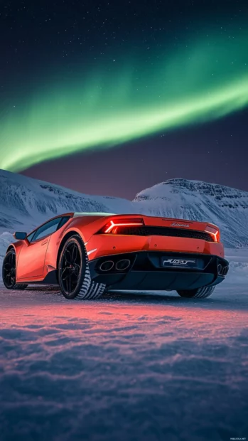 Vertical shot of Huracan doors open under aurora sky in a frozen terrain.