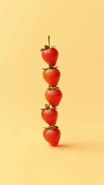 Vertical stack of strawberries arranged in a straight line down the center of a pastel peach background, simple, modern, and elegant, Simple lines, flat illustration style.