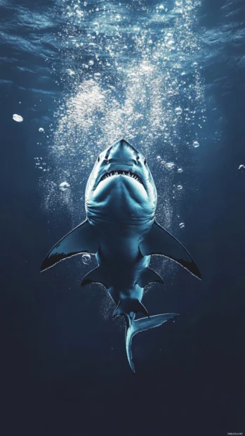 Vertical underwater pose of shark with rising bubbles.