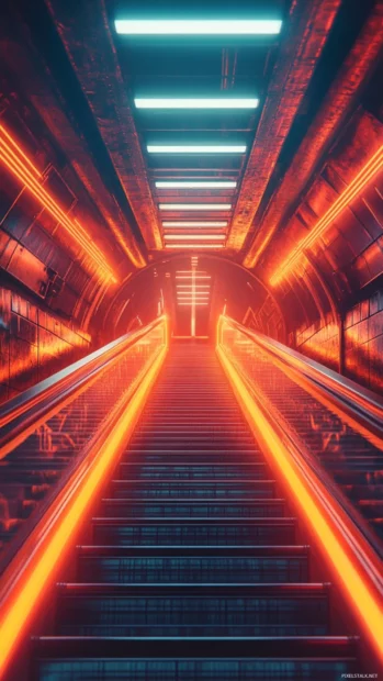 Vertical view of a glowing cyberpunk stairwell with endless lights.