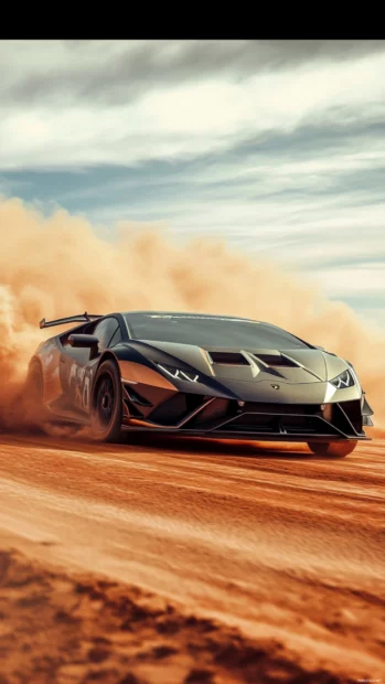 Vertical wallpaper of Lamborghini captured mid drift in a desert rally setting.