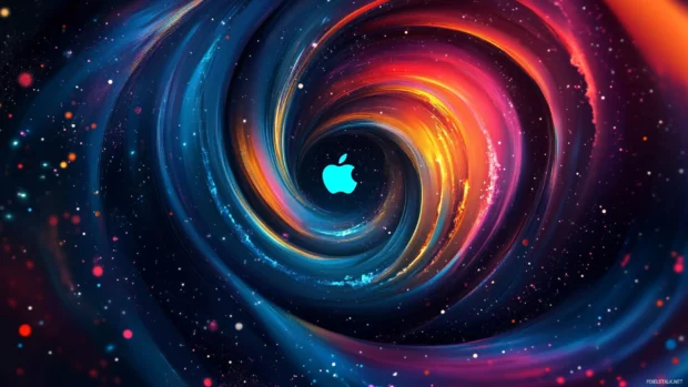 Vibrant Apple design wallpaper with logo immersed in a galactic swirl.