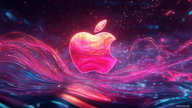 Vibrant Apple logo glowing on neon abstract waves, best choice for Apple aesthetic wallpaper.