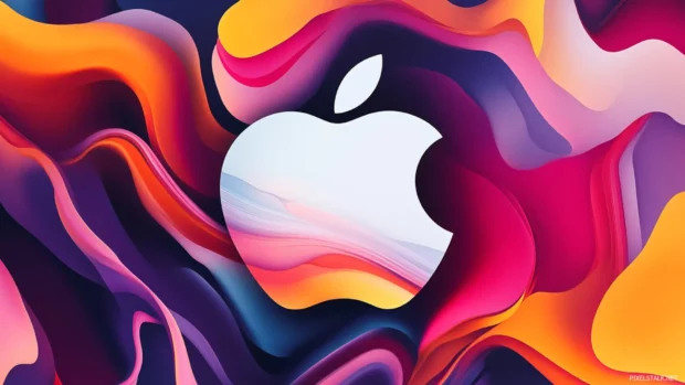 Vibrant Apple logo set against abstract wave patterns reminiscent of Mac wallpapers.