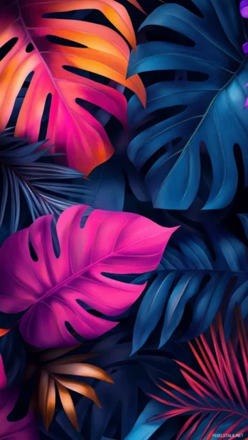 Vibrant Lock screen mobile Wallpapers with tropical leaves and bright colors.