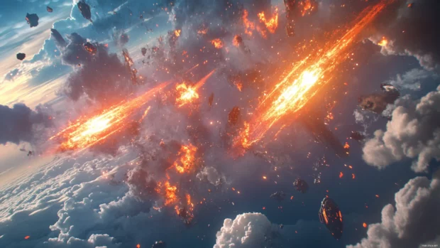Vibrant Moving Anime Wallpapers of energy blasts clashing in an epic sky battle.