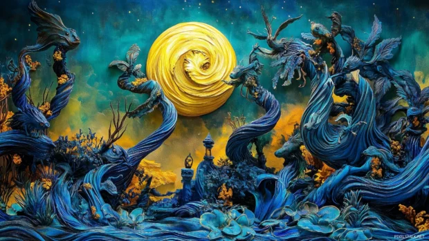 Vibrant Starry Night recreation, enhanced swirling stars, glowing moon, vivid dark blue yellow backdrop.