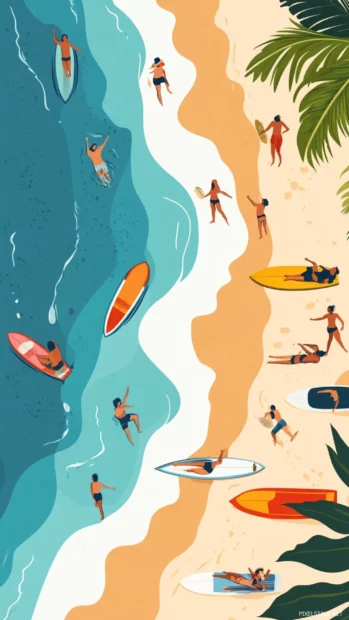 Vibrant Summer beach party with people surfing and enjoying music.