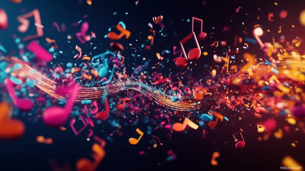 Vibrant abstract design, colorful sound waves, musical notes, dynamic patterns, dark background, movement, rhythm.