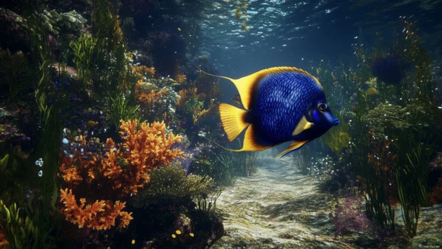 Vibrant angelfish, colorful coral reef gliding, elegant fins flowing, bright underwater flora.