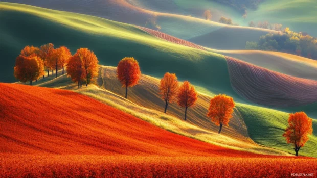 Vibrant autumn landscape wallpaper featuring maple trees stretching across endless rolling fields.