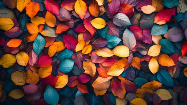 Vibrant autumn leaves covering a forest path, great for Windows 10 lock screen image.