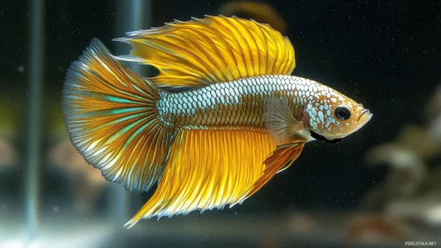 Vibrant betta fish colorful flowing fins swimming.