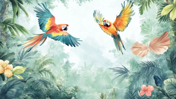 Vibrant bird watercolor wallpaper featuring colorful parrots soaring above rainforest treetops.