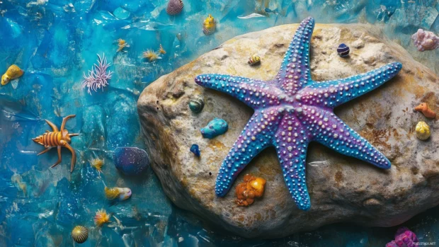 Vibrant blue and purple starfish, large, smooth rock, colorful sea creatures, crystal clear water.