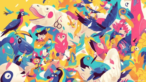 Vibrant cartoon wallpaper HD for desktop computer with bold linework and joyful cartoon animals.