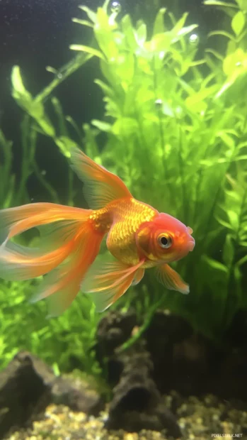 Vibrant close up goldfish flowing delicate fins gliding through clear water soft bubbles and aquatic plants background.