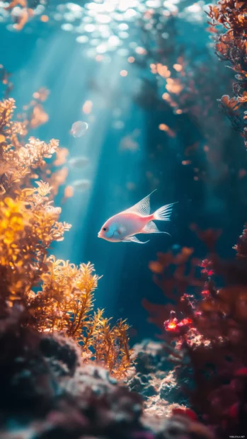Vibrant, close up shot of a tropical angelfish swimming gracefully, surrounded by colorful coral and underwater plants.