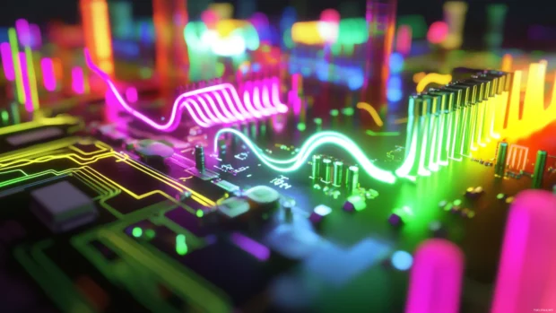 Vibrant cool neon energy flowing across circuit board.