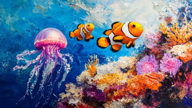 Vibrant coral reef with clownfish and jellyfish.