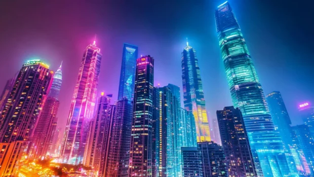 Vibrant cyberpunk skyscrapers lined with bright neon lights, Futuristic cyberpunk neon cityscape.