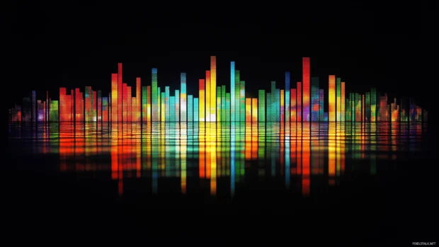 Vibrant equalizer bars, colorful, pulsing, black backdrop, lively music motion.