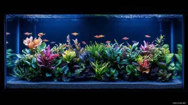 Vibrant fish tank, colorful tropical fish, lush green plants, detailed gravel bed, soft blue lighting.