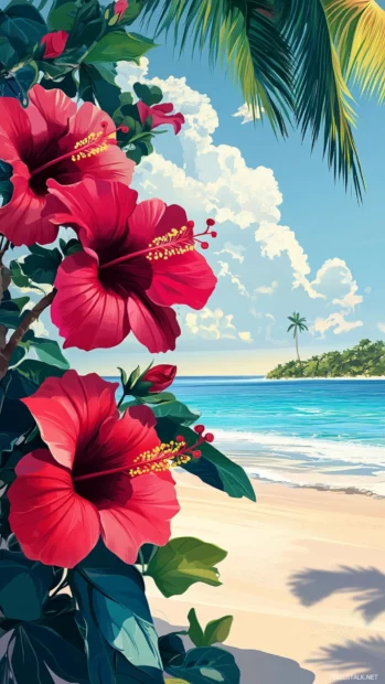 Vibrant hibiscus flowers against a tropical beach backdrop.