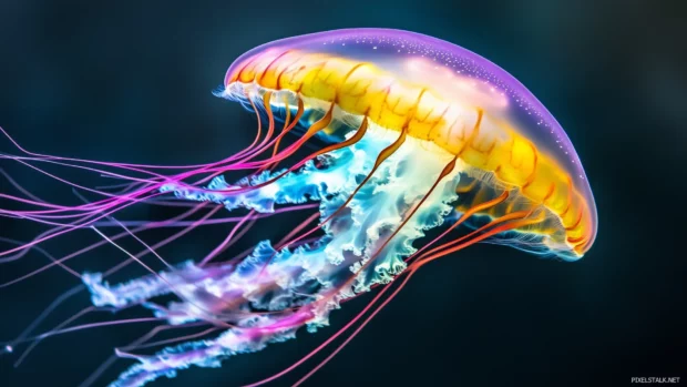 Vibrant jellyfish close up, gracefully drifting, soft tendrils flowing all directions, dark ocean backdrop.