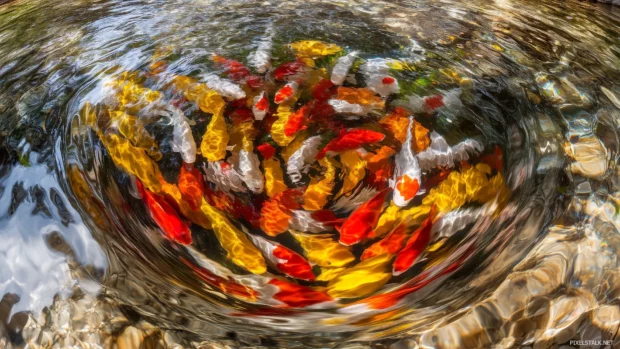Vibrant koi fish group, circle swimming, mesmerizing pattern creating, clear water, subtle sky reflections.